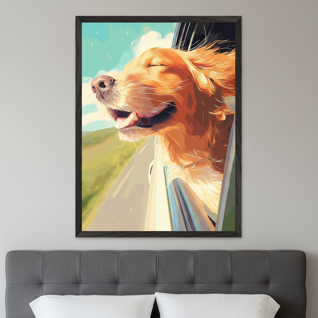 Modern bedroom with a gray tufted headboard and white pillows. A large framed stylized painting of a golden retriever with its head out a car window, eyes closed and tongue out, enjoying the wind against a landscape background, hangs centered above the bed.
