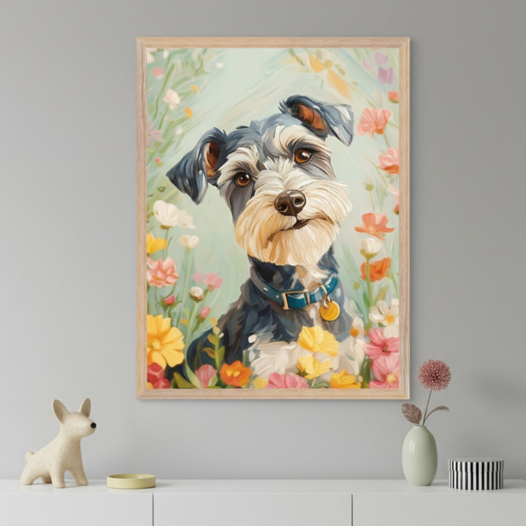 Modern room with a light gray wall and a white cabinet. A framed painterly illustration of a black and white Schnauzer dog among colorful flowers hangs centered above the cabinet. A white dog figurine, dish, vase, and striped box are on the cabinet.