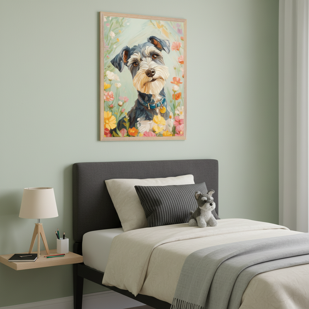 Modern bedroom with light green walls. A bed with a dark gray headboard and a wooden nightstand with a lamp. A vertical framed painting of a schnauzer dog among colorful flowers in a painterly style hangs above the bed.