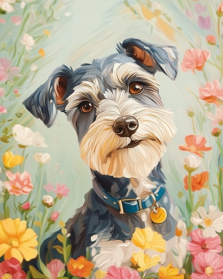 A charming illustration of a Schnauzer dog with a blue collar and a yellow tag, surrounded by a vibrant array of colorful flowers. The dog's head is tilted slightly, giving it an inquisitive expression, set against a soft, pastel background.