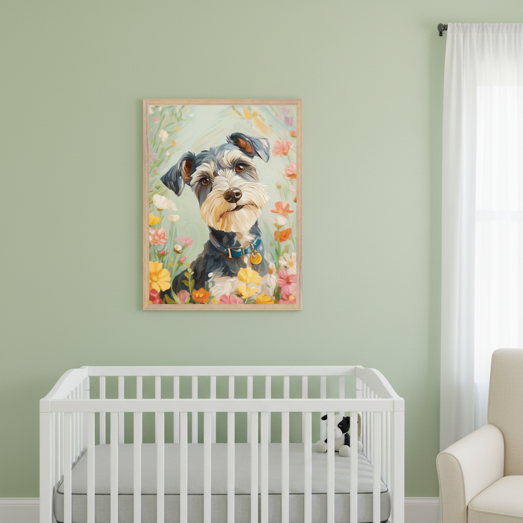 Green modern nursery with a white crib and a partial cream armchair. A framed painting of a schnauzer dog with a blue collar, surrounded by colorful flowers in an illustrative style, hangs above the crib.