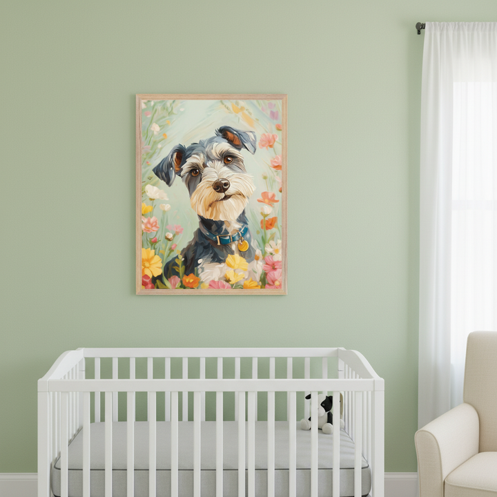 Green modern nursery with a white crib and a partial cream armchair. A framed painting of a schnauzer dog with a blue collar, surrounded by colorful flowers in an illustrative style, hangs above the crib.