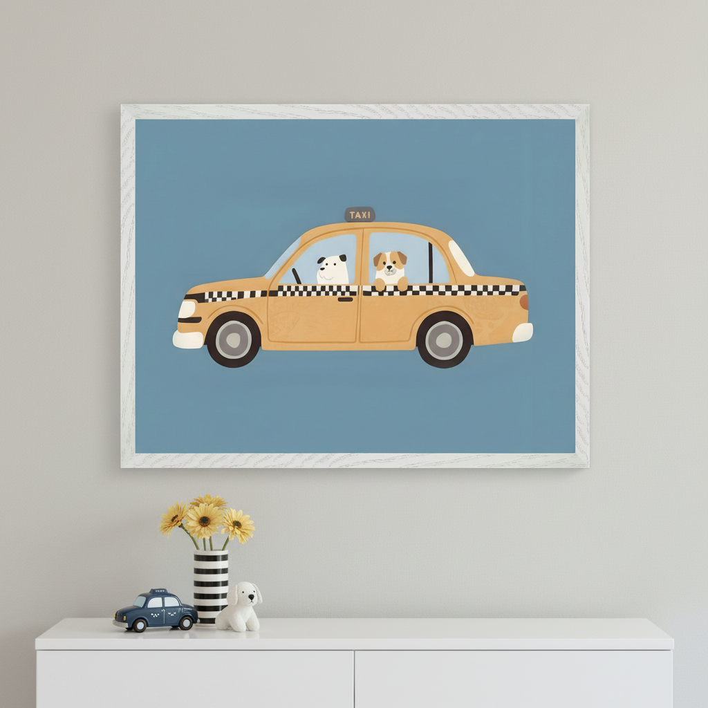 Modern kid's room with a white dresser. A framed artwork showing two cartoon dogs in a yellow taxi cab on a blue background hangs above the dresser. A toy taxi, striped vase with yellow flowers, and a white dog figurine sit on the dresser.