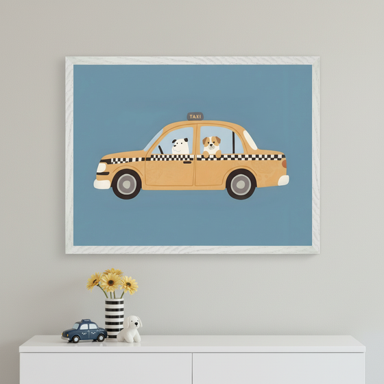 Modern kid's room with a white dresser. A framed artwork showing two cartoon dogs in a yellow taxi cab on a blue background hangs above the dresser. A toy taxi, striped vase with yellow flowers, and a white dog figurine sit on the dresser.
