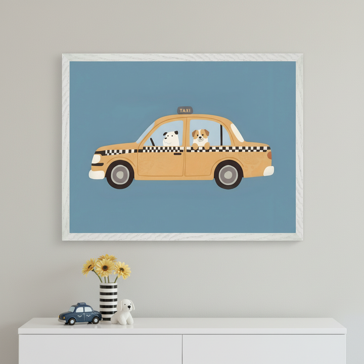 Modern kid's room with a white dresser. A framed artwork showing two cartoon dogs in a yellow taxi cab on a blue background hangs above the dresser. A toy taxi, striped vase with yellow flowers, and a white dog figurine sit on the dresser.