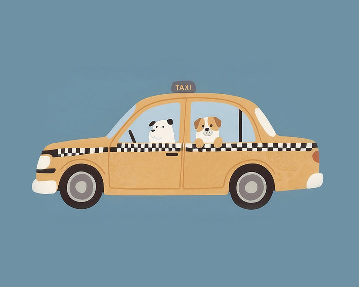 A cute illustration of a yellow taxi with a black and white checkered stripe, featuring a panda driving and a dog as a passenger, against a simple blue background.