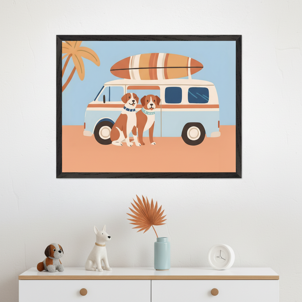 Modern room with a white and wood dresser. A black-framed wall art print hangs above, showing two dogs, a blue van with a surfboard, and a palm tree on a peach-colored beach under a blue sky.