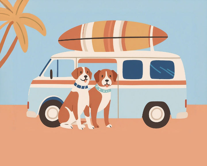 Two cartoon dogs with collars sit in front of a retro-style van with a surfboard on top, set against a backdrop of a sandy beach and a palm tree.