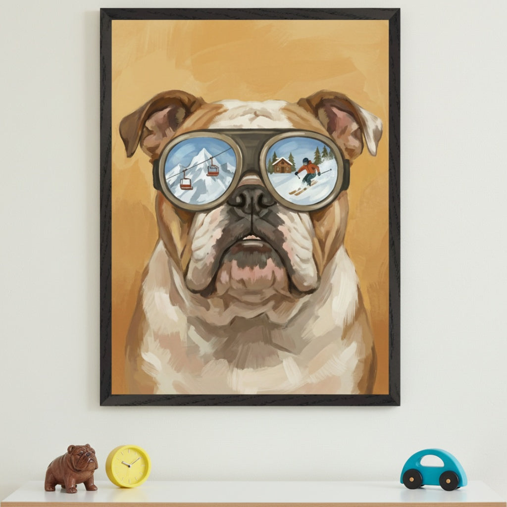 Kid's room with a white shelf. A large framed painting of a bulldog wearing ski goggles, reflecting a snowy mountain, ski lift, and skier, hangs above the shelf. A bulldog figurine, yellow clock, and blue toy car sit on the shelf.