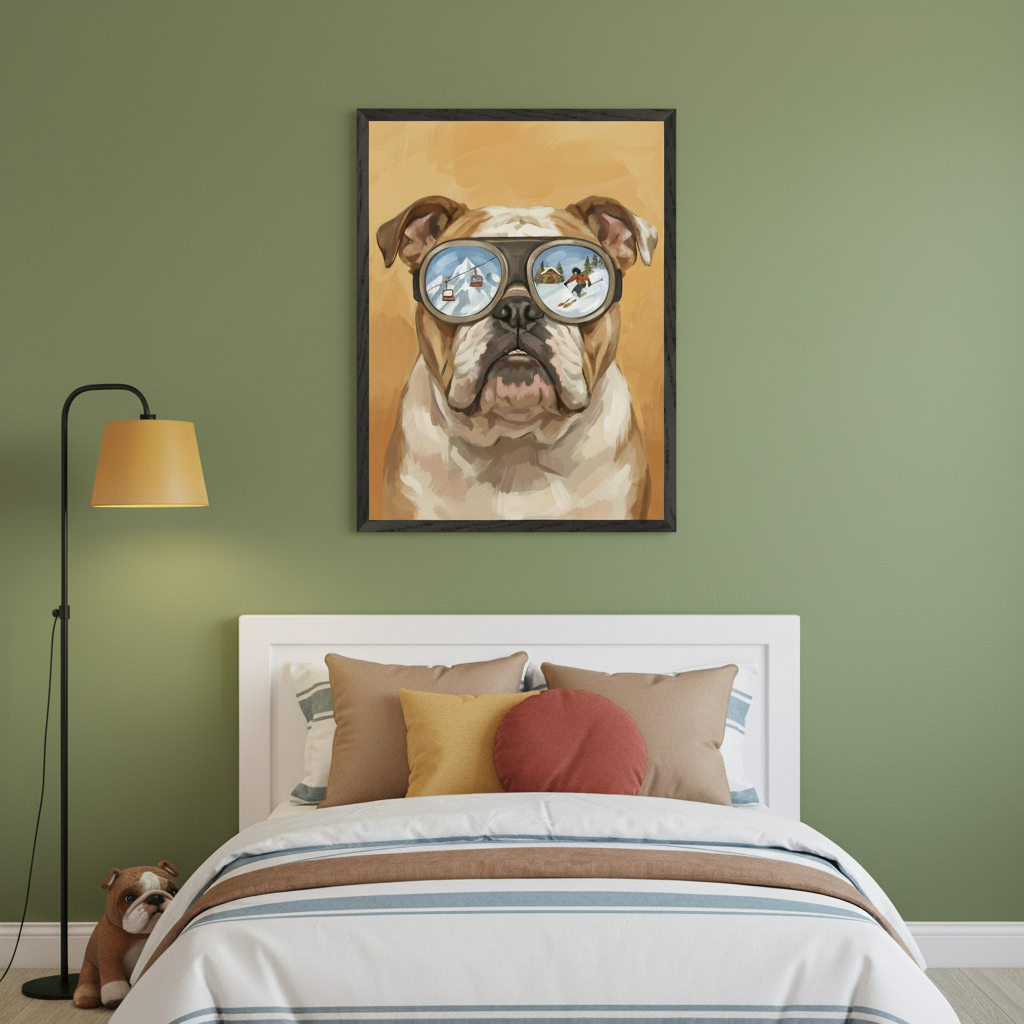 Kid's bedroom with a white bed, striped bedding, and pillows. A black floor lamp is on the left. Above the bed, a framed painting of a bulldog in ski goggles, reflecting a snowy mountain and skier, hangs on a sage green wall. A bulldog plush toy is by the lamp.