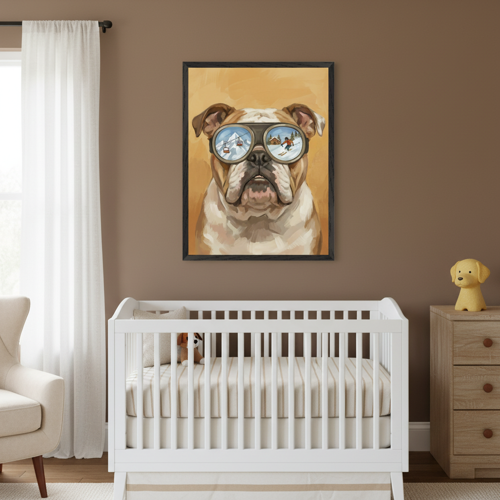 Modern nursery with a white crib, light wood dresser, and cream armchair. A framed painting of a bulldog in ski goggles, reflecting a ski slope and skier, hangs on the brown wall above the crib.