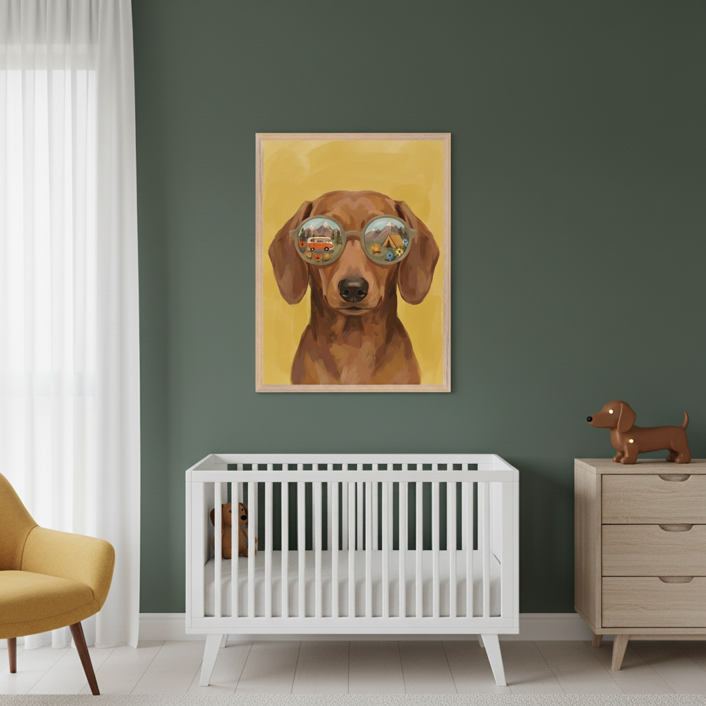 Modern nursery with a white crib, light wood dresser, and yellow armchair. A framed print hangs on the dark green wall, above the crib. The artwork features a brown dachshund wearing sunglasses that reflect a camper van on one lens and a tent with mountains on the other, all on a yellow background.