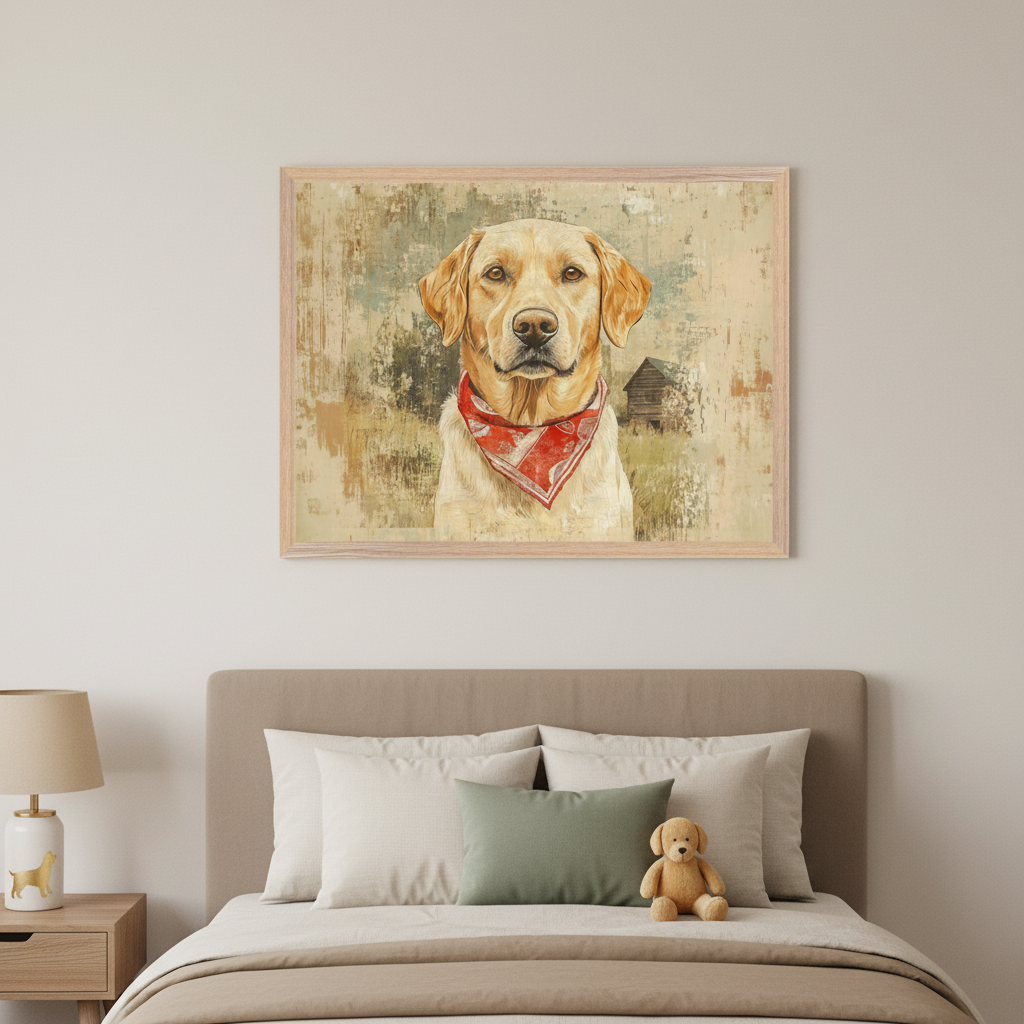 Modern bedroom features a large, framed painting of a Labrador wearing a red bandana, hanging above a neatly made bed with neutral-toned pillows. A small teddy bear sits on the bed, and a lamp with a dog design is on the bedside table, creating a warm and inviting atmosphere.