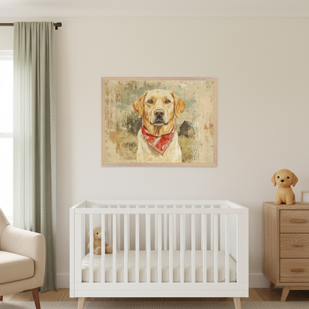 Modern nursery features a white crib with a plush teddy bear inside, a wooden dresser with a small dog figurine on top, and a comfortable armchair. A large painting of a Labrador wearing a red bandana hangs on the wall, adding warmth to the room. Soft green curtains frame a window, completing the serene atmosphere.