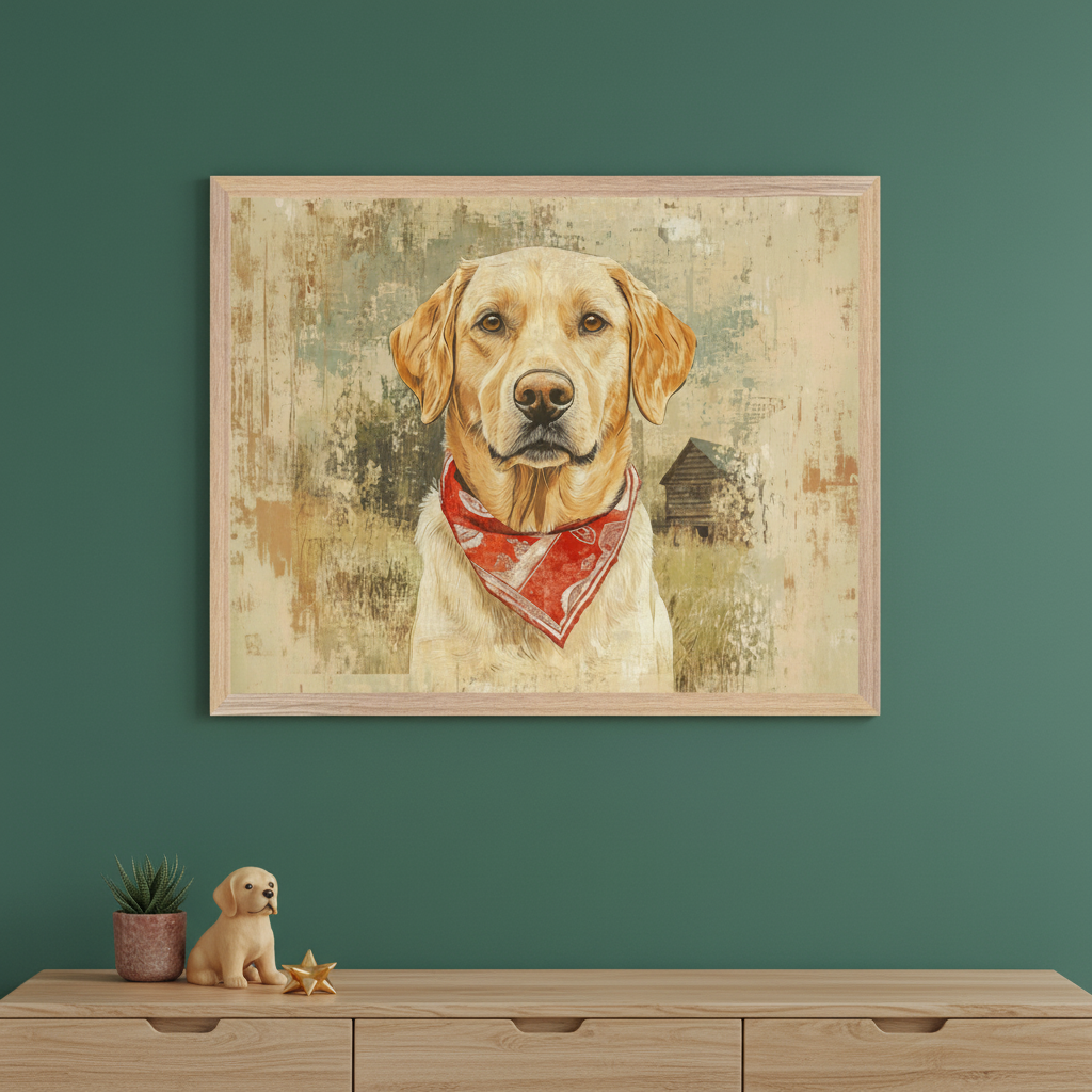 Modern room with a dark green wall and a light wood dresser. A large framed painting of a golden retriever dog with a red bandana and rustic background hangs centered above the dresser. A succulent, puppy figurine, and stars are on the dresser.