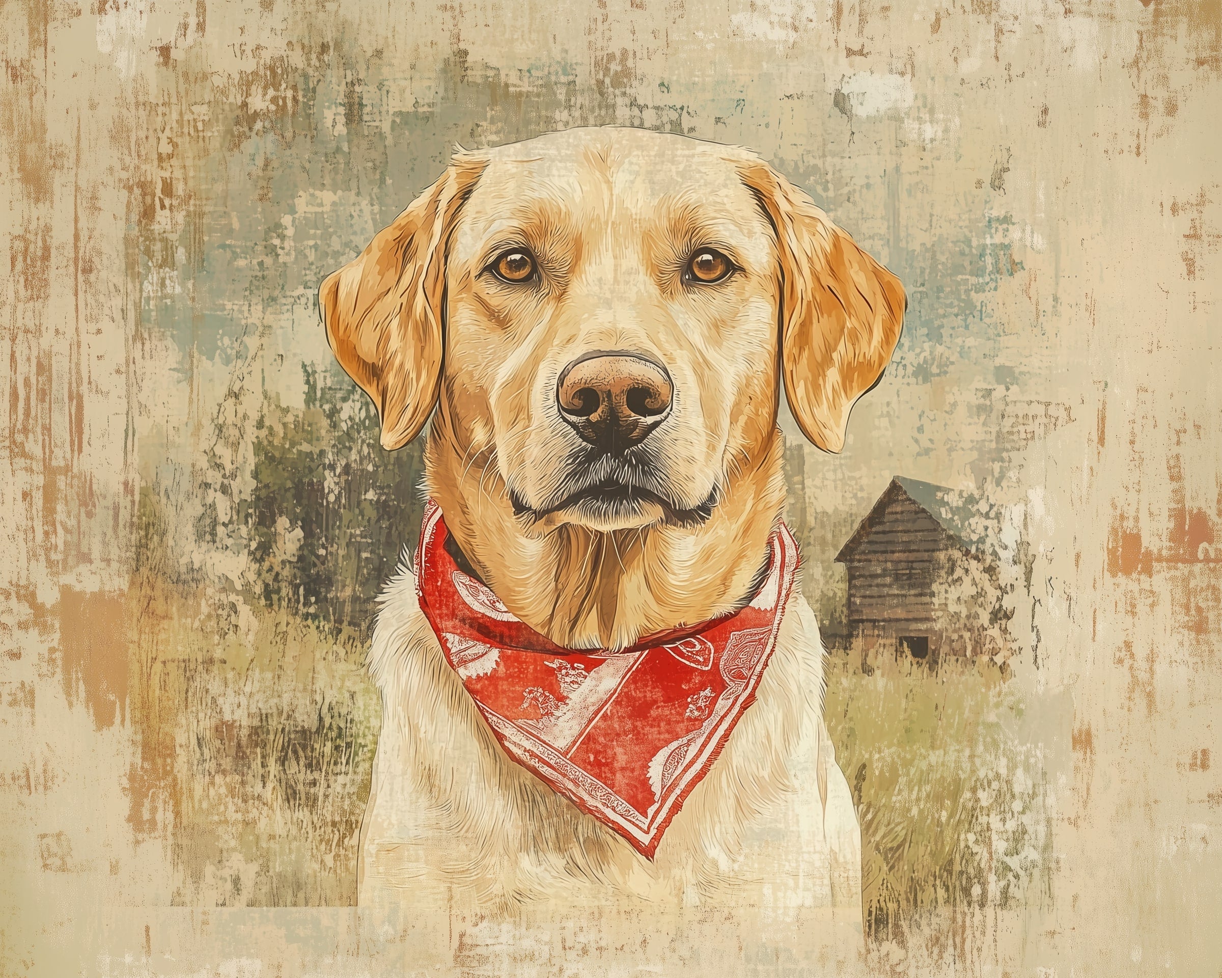 Dog Wall Art for Nursery, Playroom or Kids Bedrooms - Labrador Retriever with Red Bandana in Rustic Farmhouse Style- Bandana Buddy