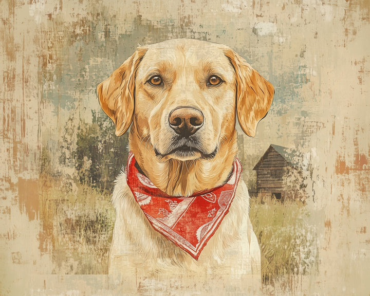 A digital painting of a golden retriever wearing a red bandana, set against a rustic background with a faded barn and grassy field.