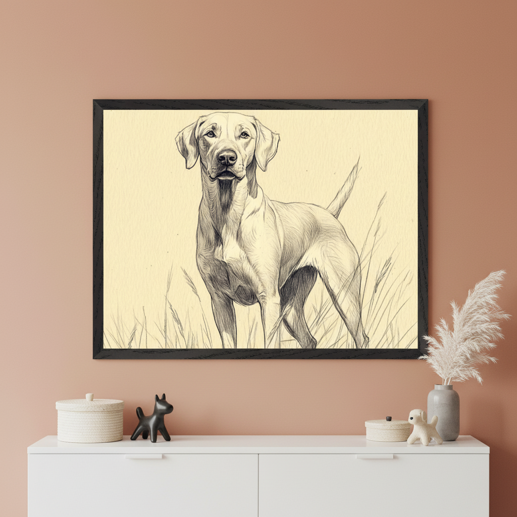 Modern room featuring a white dresser. A large black-framed pencil drawing of a standing Labrador Retriever in tall grass hangs centered above the dresser on a terracotta wall.
