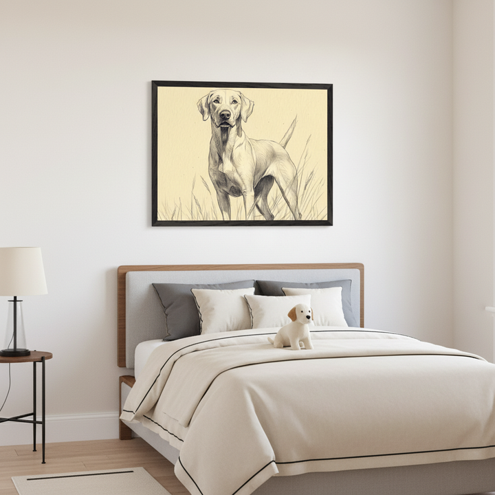 Modern bedroom with a grey bed, wooden headboard, and beige bedding. A large black-framed pencil drawing of a dog standing in tall grass on a cream background hangs centered above the bed. A stuffed puppy sits on the bed, and a nightstand with a lamp is on the left.