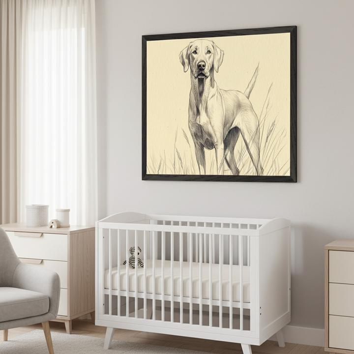 Modern bedroom with a grey bed, wooden headboard, and beige bedding. A large black-framed pencil drawing of a dog standing in tall grass on a cream background hangs centered above the bed. A stuffed puppy sits on the bed, and a nightstand with a lamp is on the left.