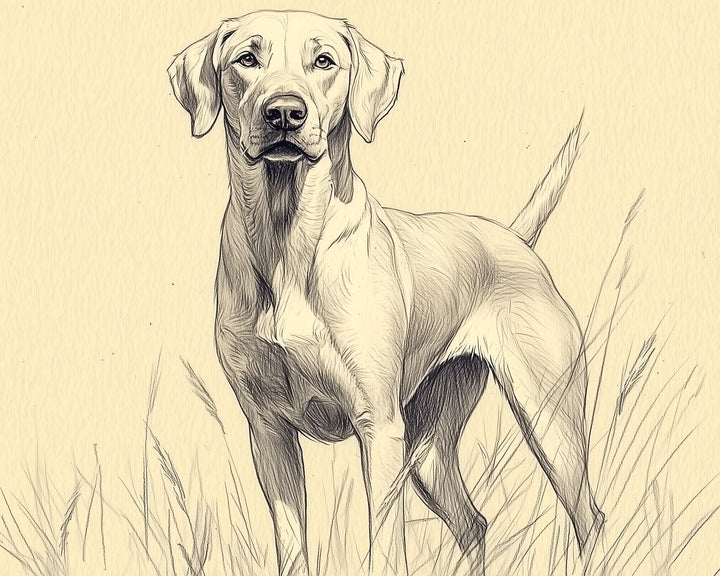 A detailed pencil sketch of a dog standing alertly in tall grass, with its tail raised and ears perked up, capturing a sense of attentive curiosity.