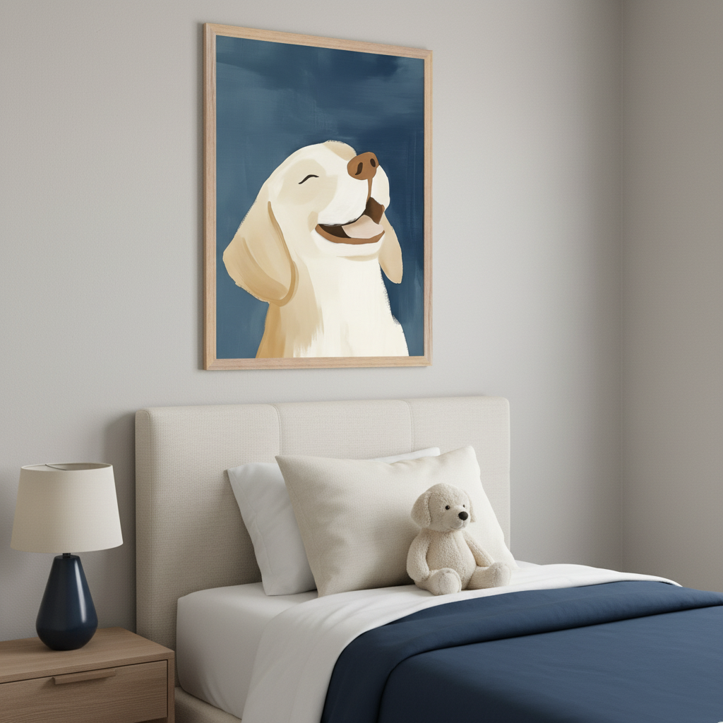 Happy Puppy Dog Wall Art for Nursery, Playroom or Kids Bedrooms - Playful Blue and Beige Decor - Skybound Smile