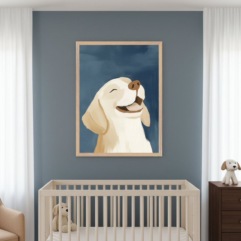 Happy Puppy Dog Wall Art for Nursery, Playroom or Kids Bedrooms - Playful Blue and Beige Decor - Skybound Smile
