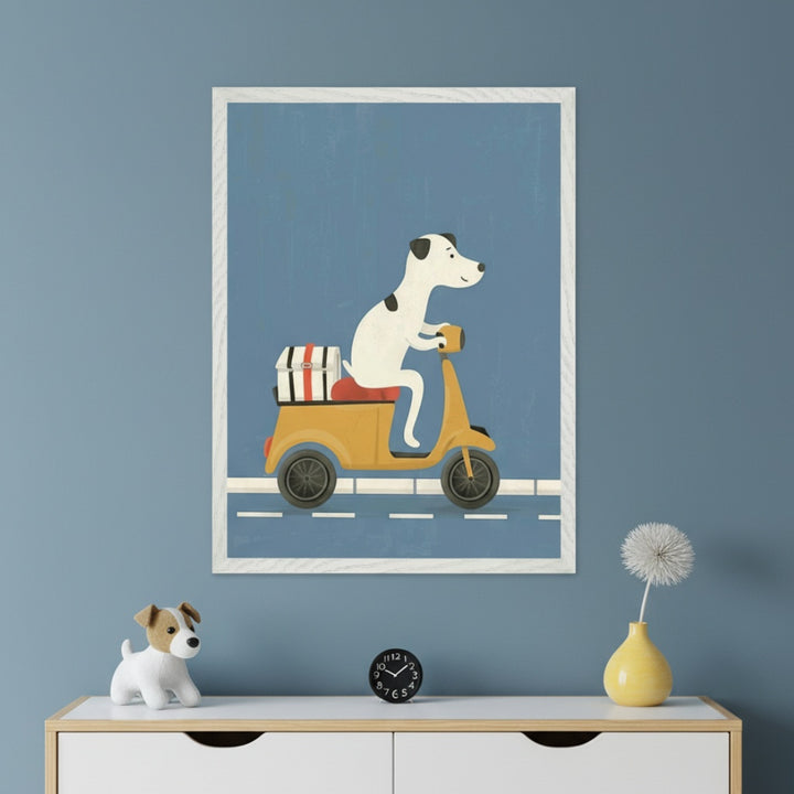 Modern kid's room with a white and light wood dresser. A framed cartoon-style illustration of a white dog riding a yellow scooter is centered above the dresser.