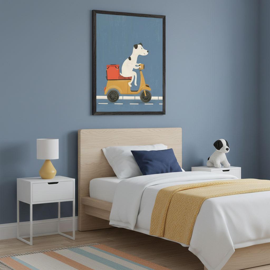Kid's bedroom features a light wood bed and two white nightstands. Above the bed to the left, a framed illustration shows a white spotted dog riding a yellow scooter with a red delivery box on a blue background.