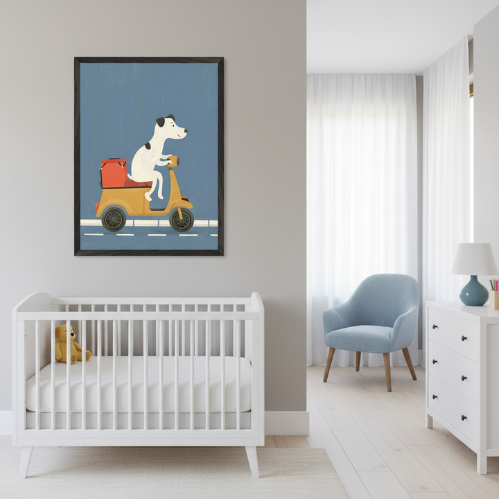 Modern nursery with a white crib, light blue armchair, and white dresser. A black-framed illustration of a white dog on a yellow scooter with a red box hangs above the crib on a gray wall.