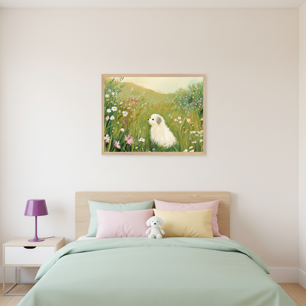 Modern kid's bedroom with a wooden bed and pastel bedding. A light wood nightstand with a purple lamp is to the left. Centered above the bed, a framed painting shows a fluffy white dog sitting in a field of colorful wildflowers.