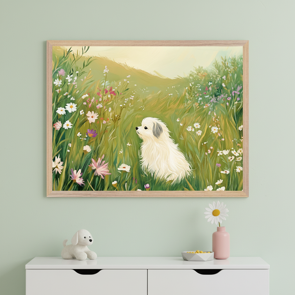 Modern nursery with a light green wall and white dresser. A large framed painting of a white fluffy dog in a field of wildflowers hangs above the dresser. On the dresser: a plush dog, a small bowl, and a daisy in a pink vase.