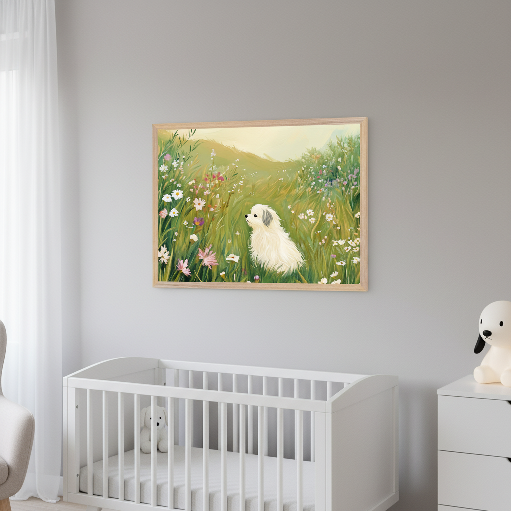 Modern nursery with a white crib. A framed painting of a fluffy white dog in a vibrant wildflower meadow hangs centered above the crib on a gray wall. A white plush toy is in the crib.