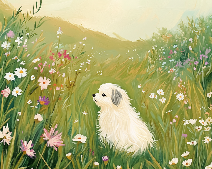 A fluffy white dog sits peacefully in a vibrant meadow filled with a variety of wildflowers, including daisies and pink blossoms, under a soft, sunlit sky.