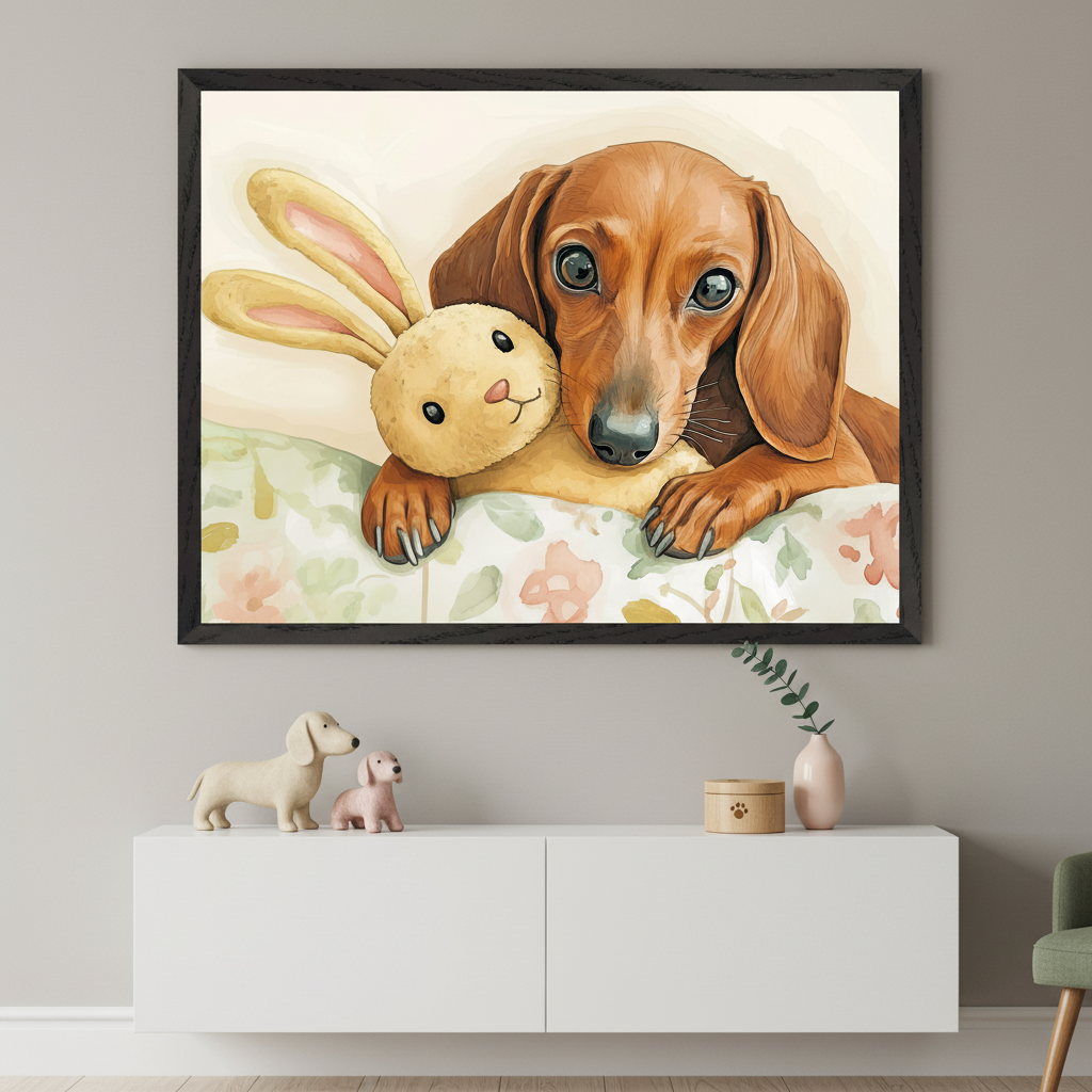A brown dachshund cuddles a yellow stuffed bunny with pink ears on a soft, floral-patterned blanket. The artwork is placed on a woven round rug, surrounded by cozy, neutral-toned textiles.