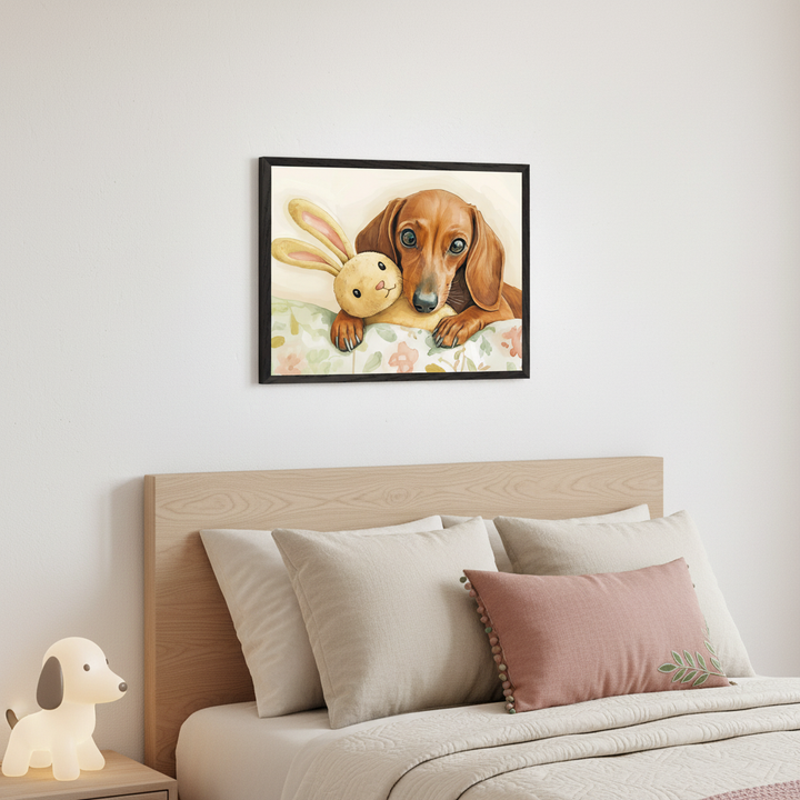 Modern bedroom with a wooden headboard bed. Above the bed, a black-framed watercolor illustration shows a brown dachshund dog cuddling a yellow stuffed rabbit on a floral pattern. A dog-shaped lamp is on a nightstand to the left.