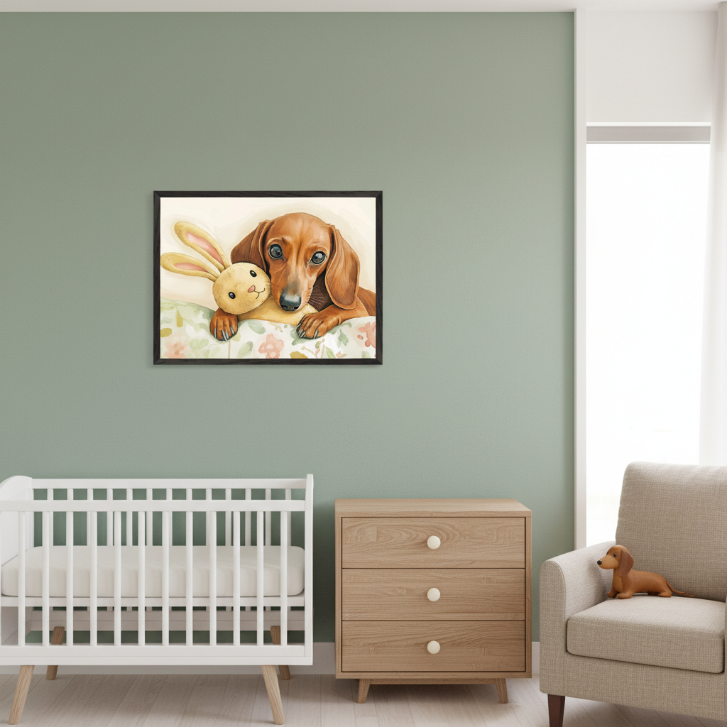 Modern nursery with a white crib, wooden dresser, and beige armchair. Above the crib and dresser, a framed watercolor of a brown dachshund dog with a yellow bunny plushie on a floral blanket. A dachshund toy sits on the armchair.