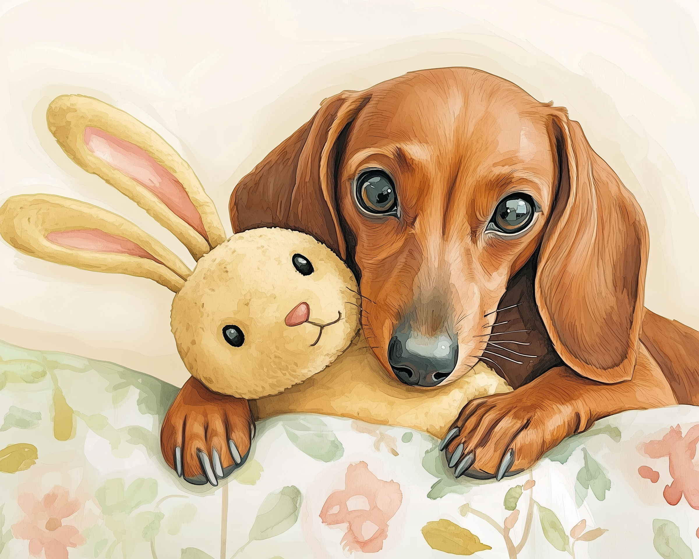 A cute dachshund cuddles a plush bunny toy, both resting on a floral-patterned blanket. The dog's expressive eyes and the bunny's long ears create an endearing scene.