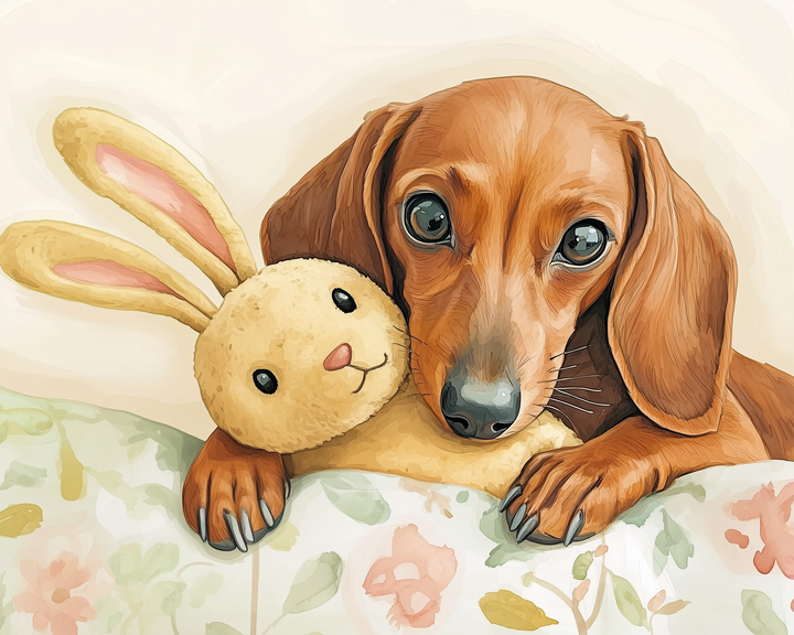 A cute dachshund cuddles a plush bunny toy, both resting on a floral-patterned blanket. The dog's expressive eyes and the bunny's long ears create an endearing scene.