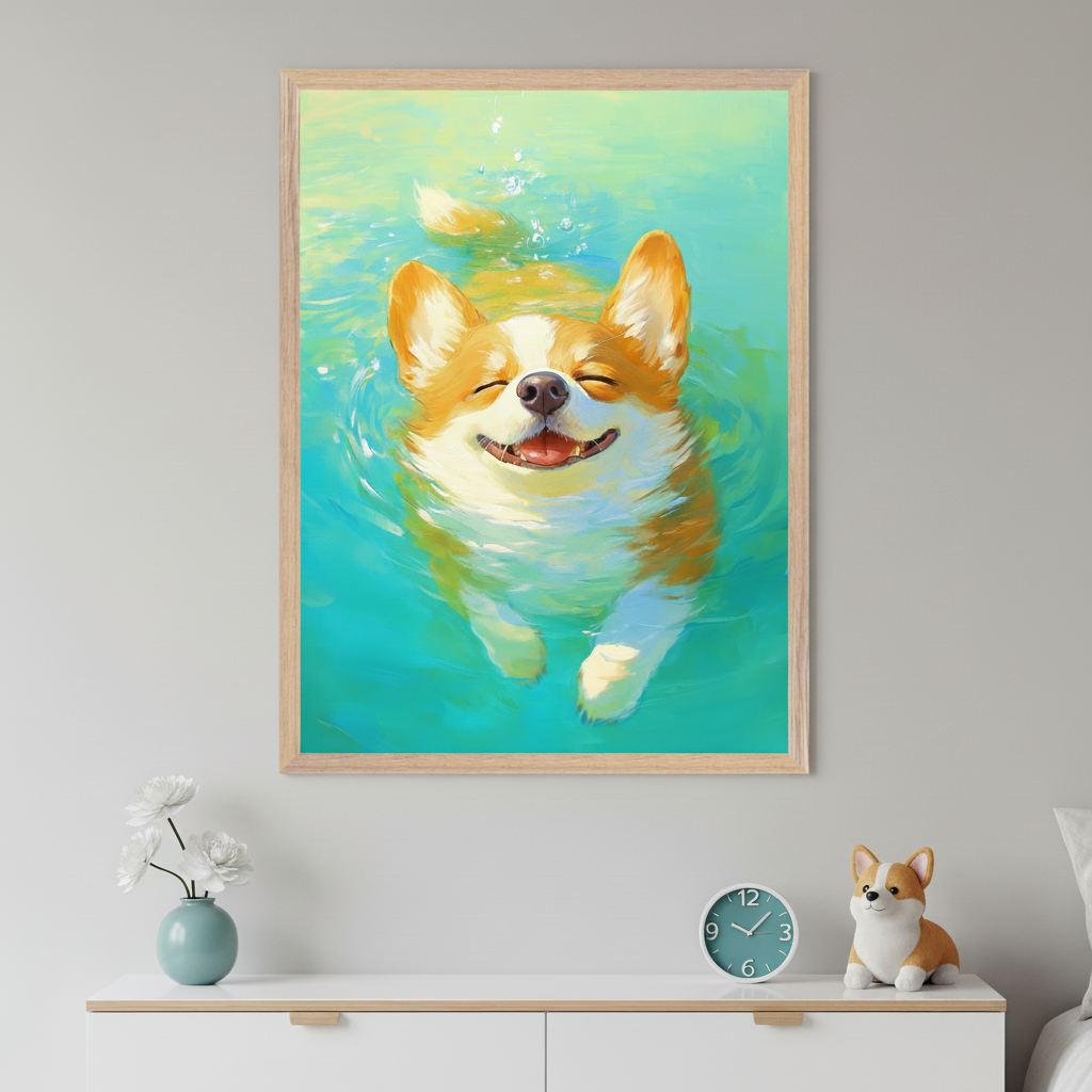 Modern room with a white dresser. A framed painting of a happy corgi swimming in blue-green water hangs above the dresser. On the dresser are a vase with white flowers, a teal clock, and a corgi plush toy.