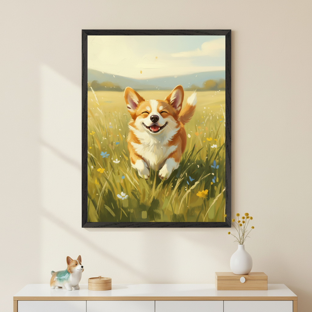 Modern room with a light beige wall and a white console table with wood accents. A framed, vertical painting of a happy corgi running in a sunlit field of wildflowers, in an illustrative style, hangs centered above the table.