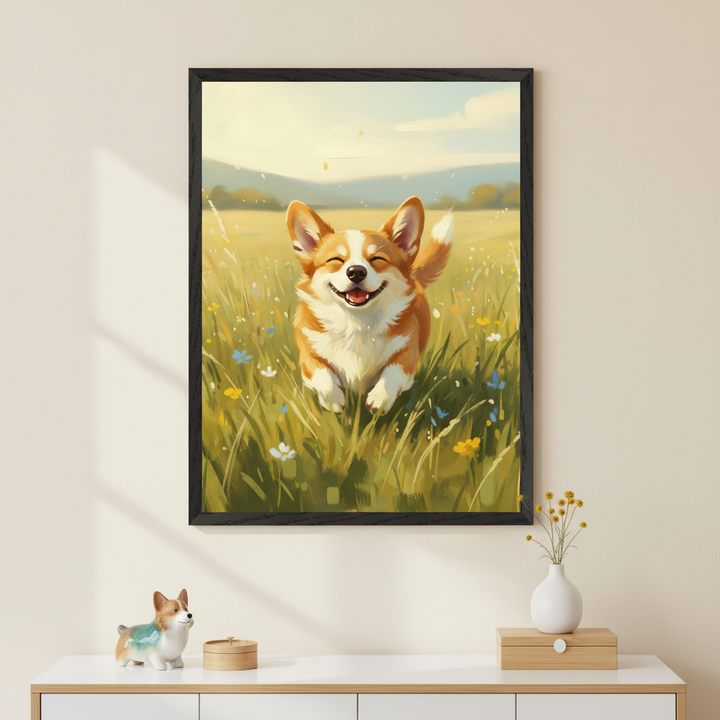 Modern room with a light beige wall and a white console table with wood accents. A framed, vertical painting of a happy corgi running in a sunlit field of wildflowers, in an illustrative style, hangs centered above the table.