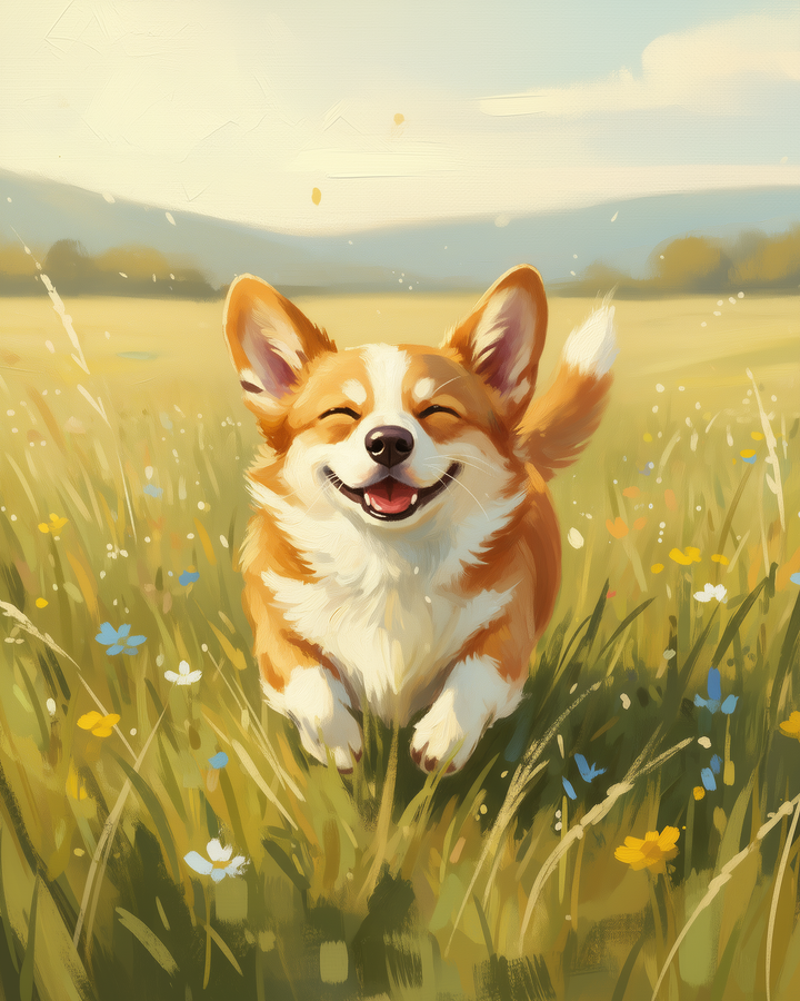 A joyful corgi is running through a sunlit field filled with colorful wildflowers, its eyes closed and mouth open in a happy expression, under a clear blue sky.