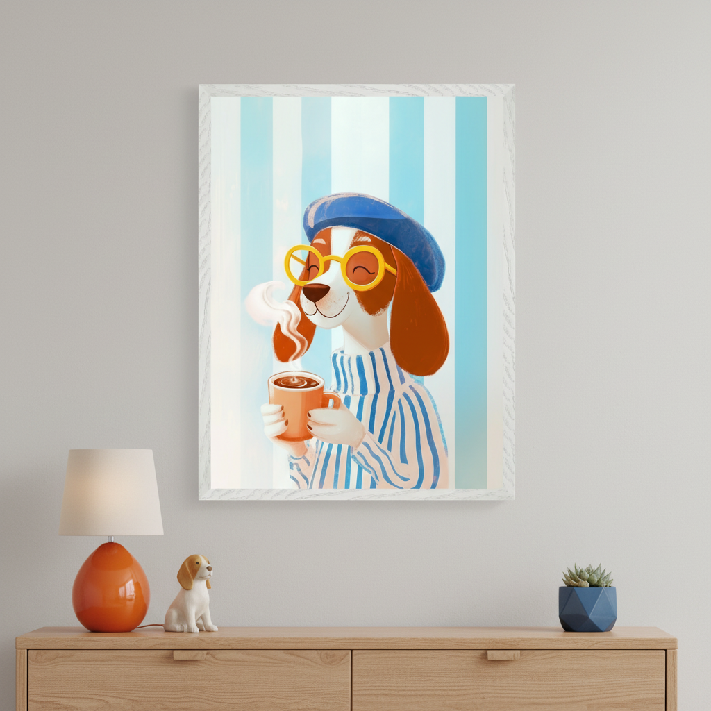Modern room with a light wood dresser. A framed illustration of a cartoon beagle wearing a blue beret, yellow glasses, and a striped shirt, holding a steaming orange mug, hangs above the dresser. The background is blue and white stripes. An orange lamp, dog figurine, and succulent are on the dresser.