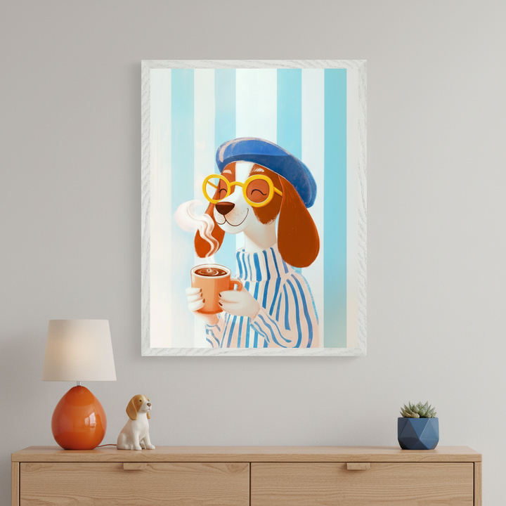 Modern room with a light wood dresser. A framed illustration of a cartoon beagle wearing a blue beret, yellow glasses, and a striped shirt, holding a steaming orange mug, hangs above the dresser. The background is blue and white stripes. An orange lamp, dog figurine, and succulent are on the dresser.