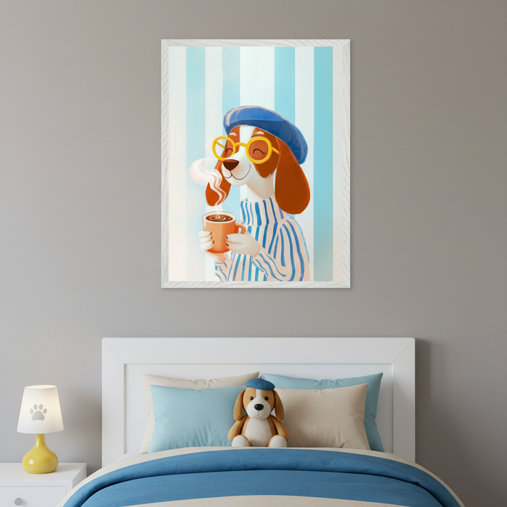 Kid's bedroom with a white bed and blue and beige bedding. A framed illustration of a cartoon beagle dog in a blue beret, yellow glasses, and striped shirt holding a steaming mug hangs above the bed. A beagle plush sits on the bed, and a yellow paw print lamp is on a white nightstand.