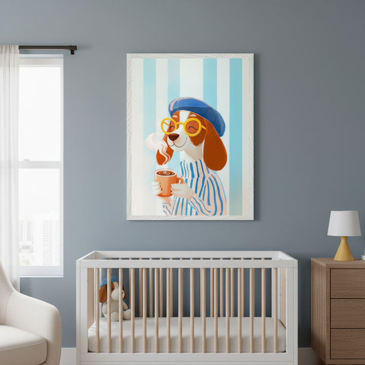 Modern nursery with a white crib, a matching dog plush, and a wood dresser against a blue-gray wall. A framed cartoon print of a dog in a blue beret, yellow glasses, and striped shirt, holding a steaming mug, hangs above the crib.