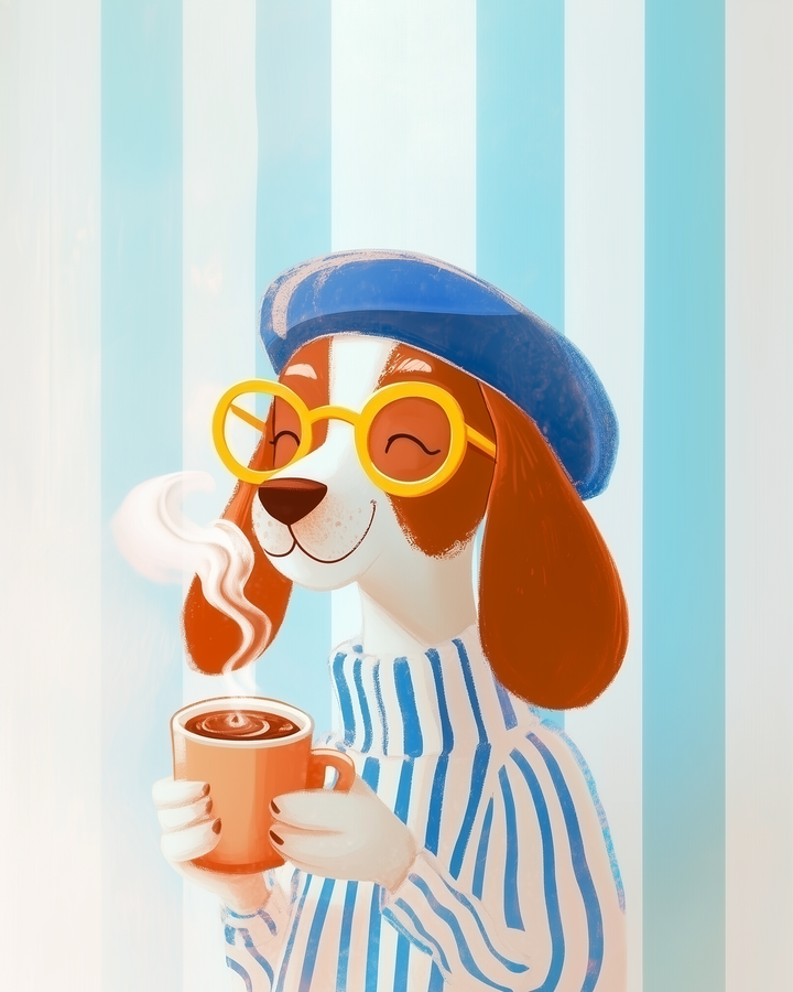A whimsical illustration of a dog wearing a blue beret and yellow sunglasses, holding a steaming cup of coffee. The dog is dressed in a blue and white striped shirt, set against a background of vertical blue and white stripes, creating a playful and cozy atmosphere.