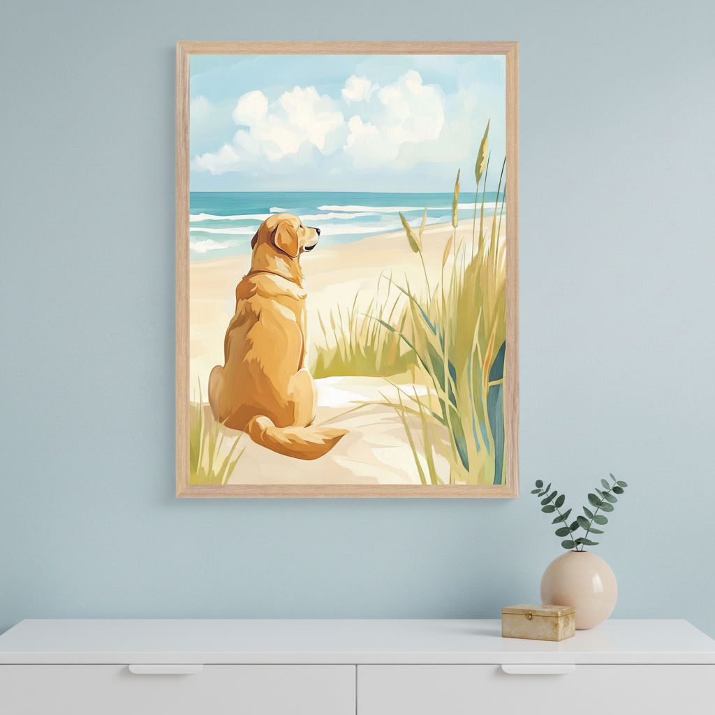 Modern room with a light blue wall and white dresser. A light wood framed painting of a golden retriever on a sandy beach, looking at the ocean, with tall grasses, hangs centered above the dresser. A vase and small box are on the dresser.
