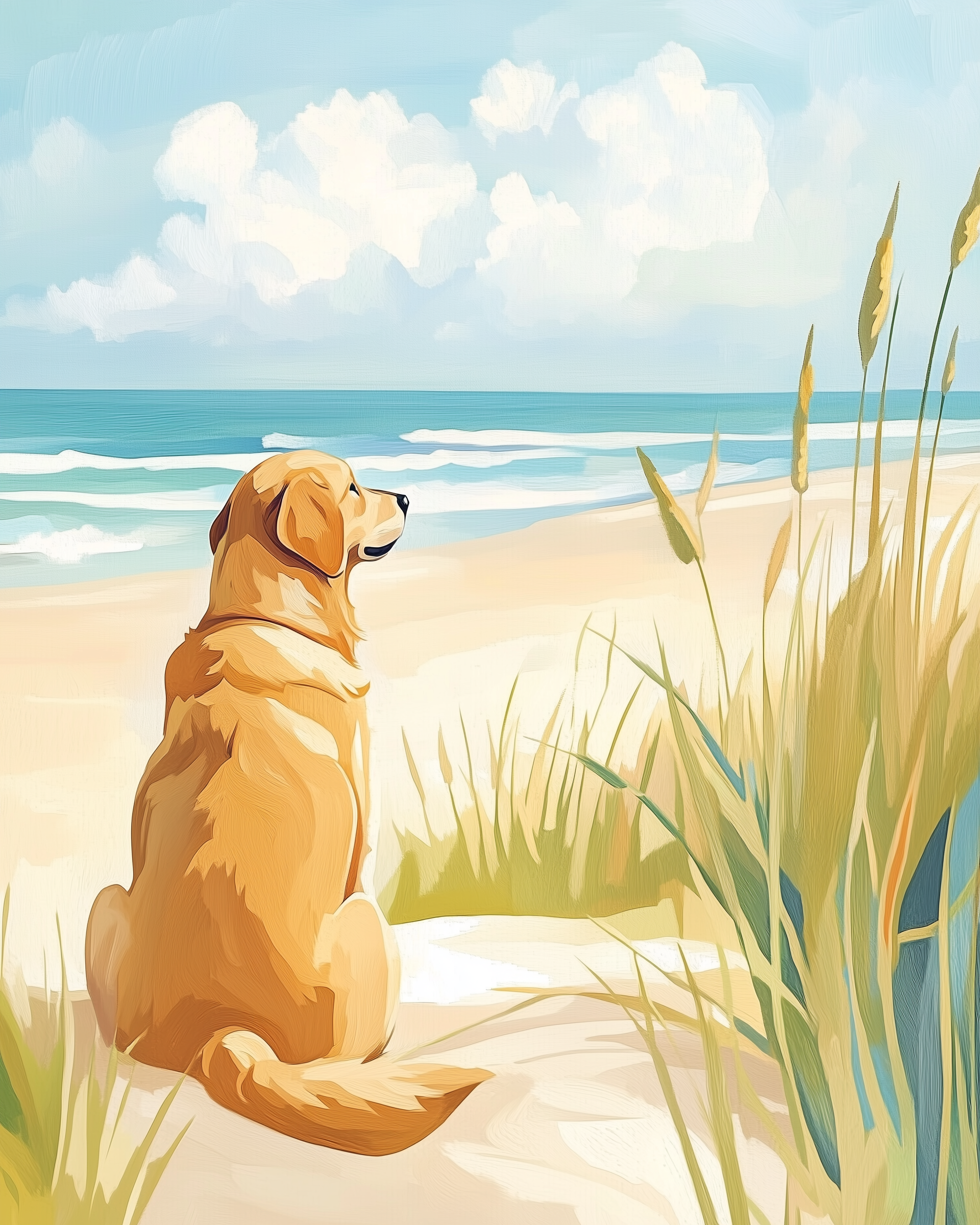 A golden retriever sits contentedly on a sandy beach, gazing towards the ocean under a bright blue sky with fluffy white clouds. Tall grasses frame the scene, adding a touch of greenery to the tranquil coastal setting.